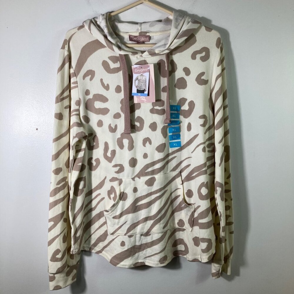 Womens Brushed Hoodie Animal Print Vanilla Ice Brown Cream XL NWT #7